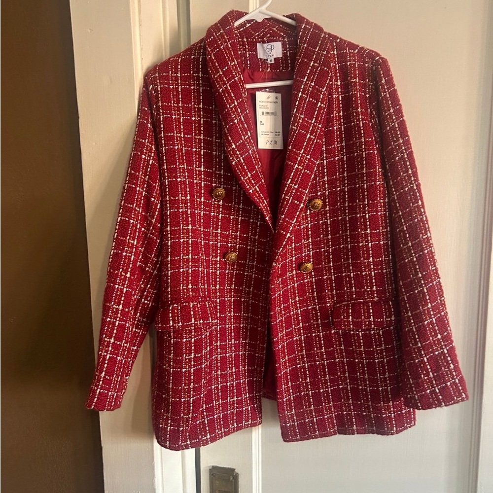PLM Red Tweed Plaid Double-Breasted Gold Foil Blazer Size Med - Picture 3 of 6